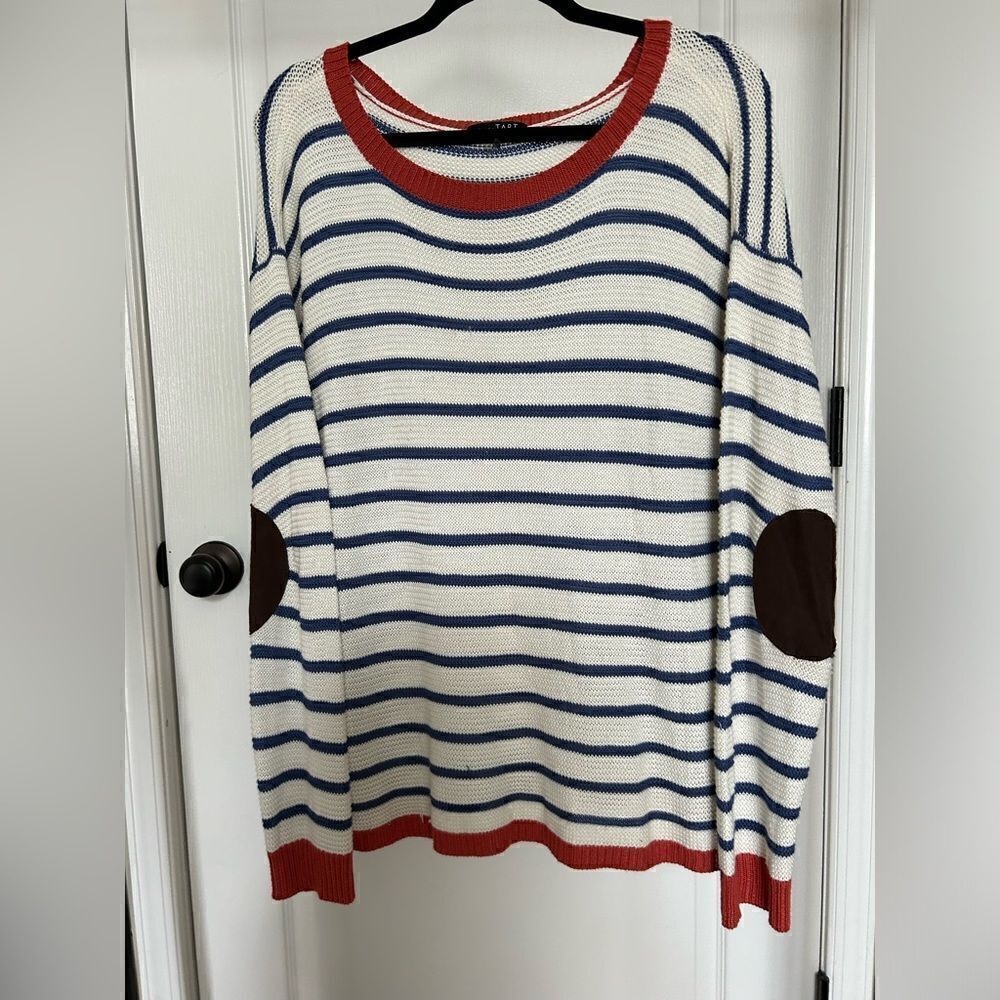 Lemon Tart Womens Striped Pullover Sweater with Faux Suede Elbow Patches Size XL